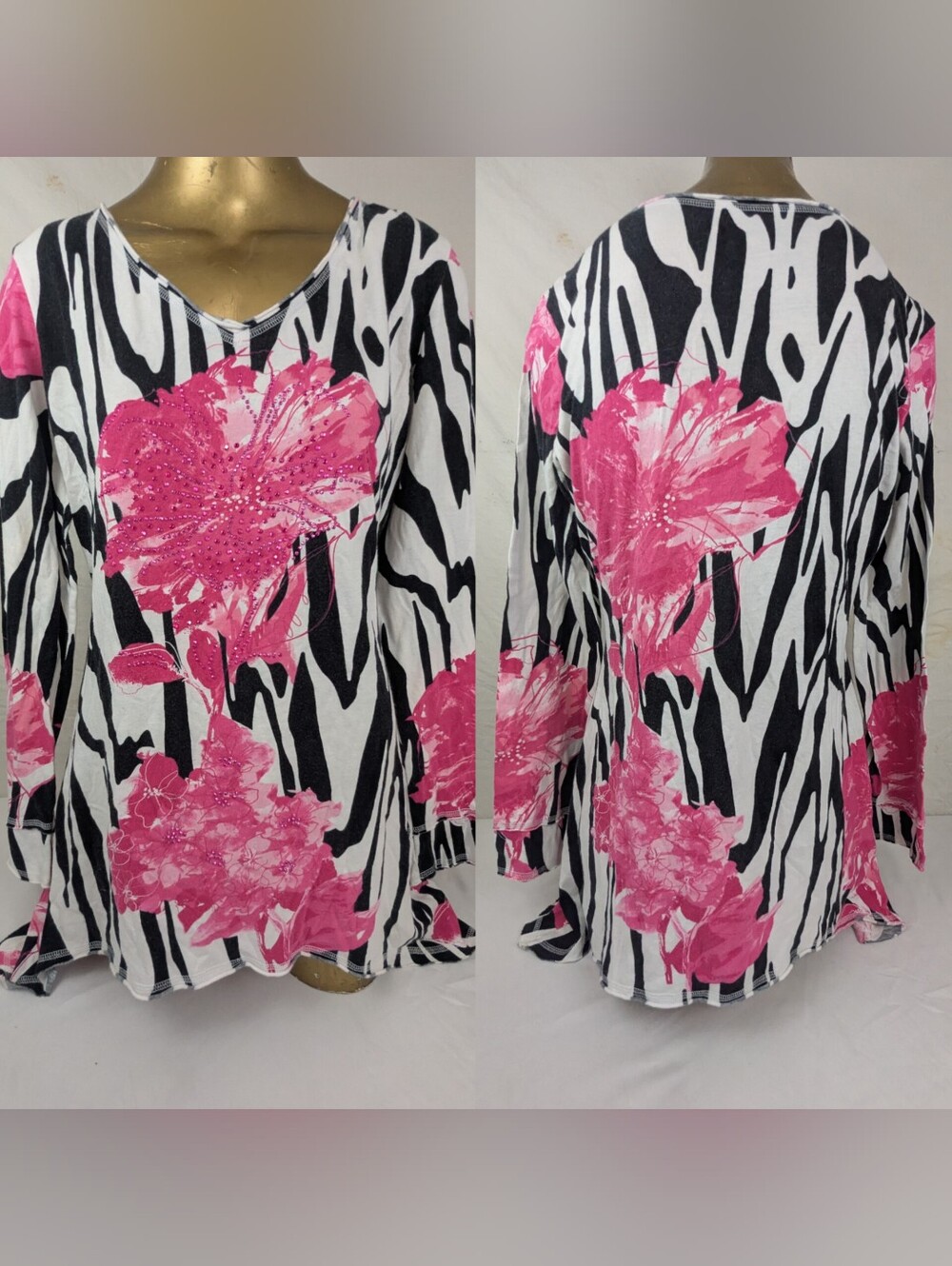 V Cristina Pink Floral Zebra Print V-Neck Long Sleeve Tunic Large